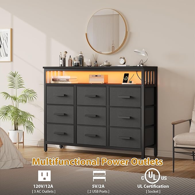 9 Drawer Dresser TV Stand with LED Lights & Power Outlets, Entertainment Center - Image 6