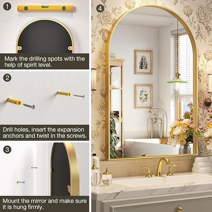 Brightify Gold Arched Mirror, 24 x 32 Inch Arch Wall Mirror, Brass Metal Frame - Image 6