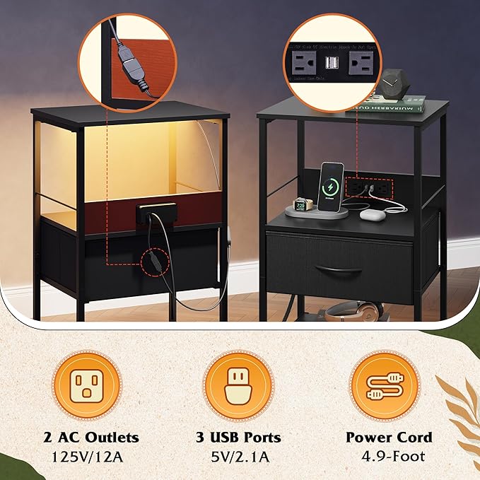 WLIVE Night Stand with Charging Station, LED Nightstand with Adjustable Fabric - Image 5