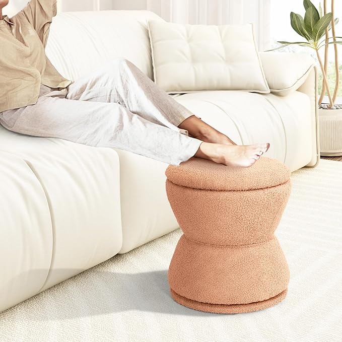 360 ° Swivel Storage Ottoman, Boucle Ottoman Vanity Stool, Upholstered Footstool - Image 7