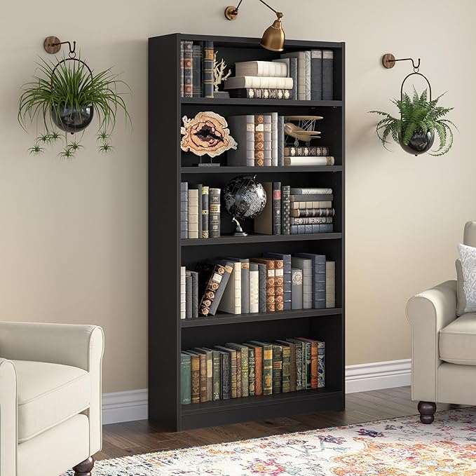 Bush Furniture Universal Tall 5 Shelf Bookcase in Black, Vertical Storage and - Image 2