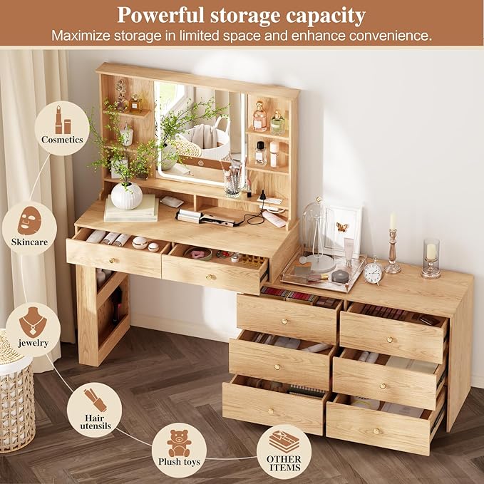 Makeup Vanity Desk with Mirror and Lights, Vanity Desk with 8 Drawers & Storage - Image 2