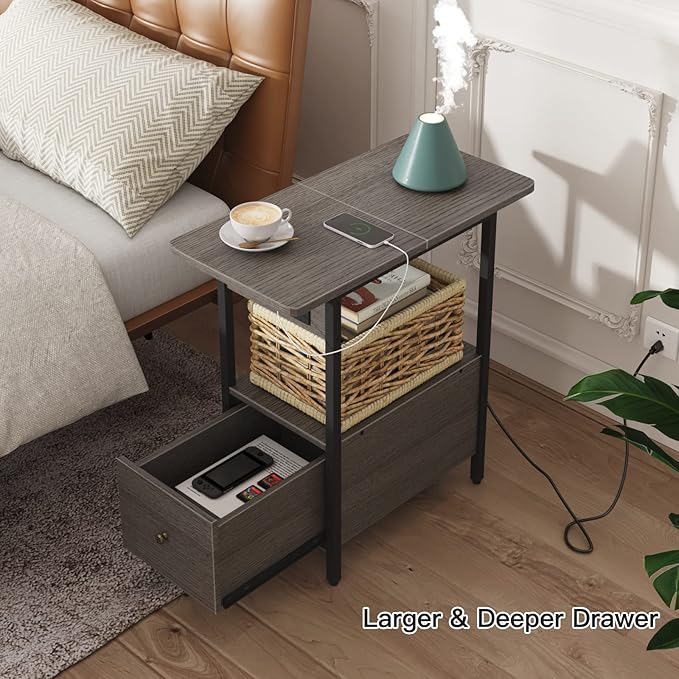 LIDYUK End Table with Charging Station, Narrow Side Table with Drawer and USB - Image 4