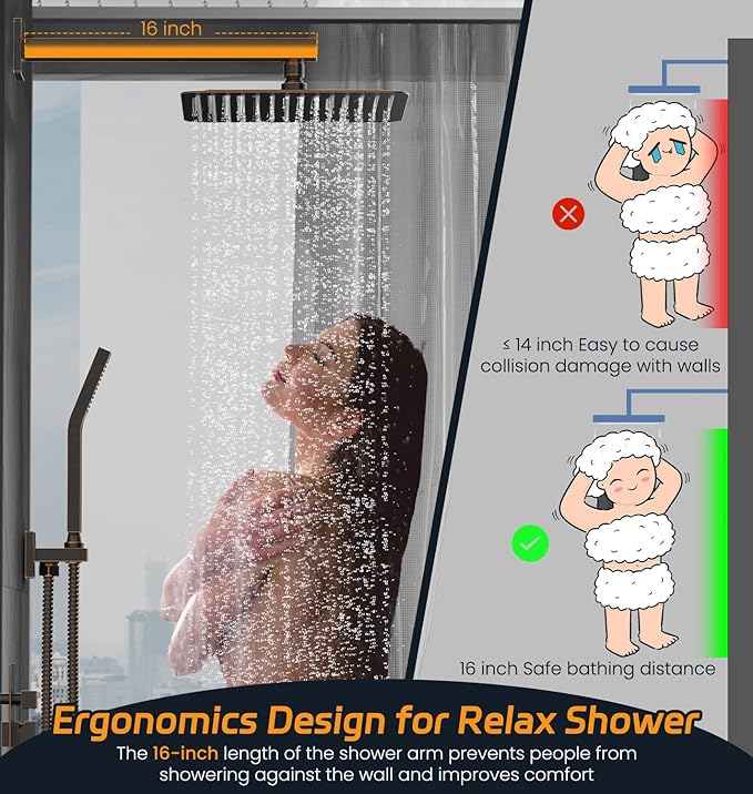 SR SUN RISE ORB Square Rainfall Shower Head and Handle Set, Wall Mounted Shower - Image 5