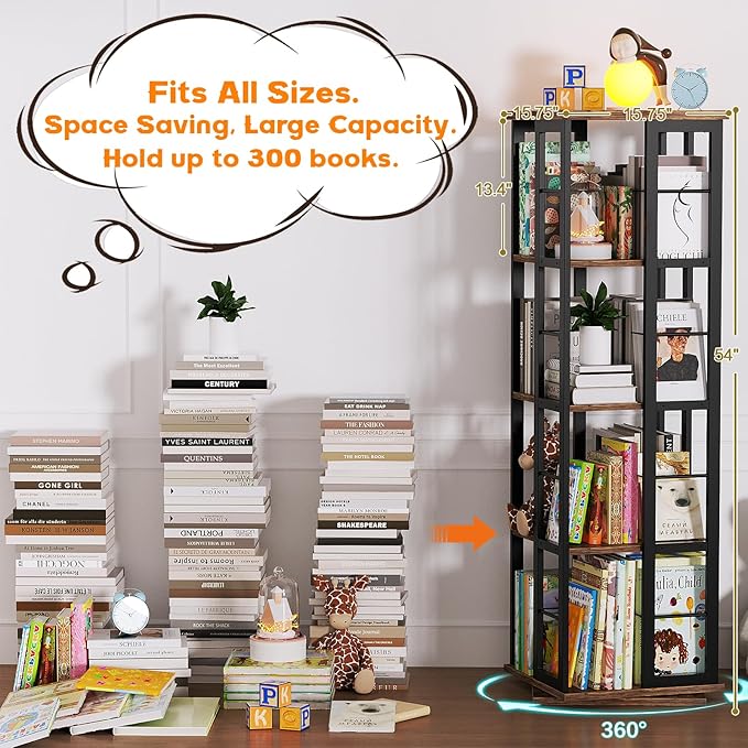 Aheaplus Rotating Bookshelf, Corner Bookcase, 360 Display Wood Spinning - Image 4
