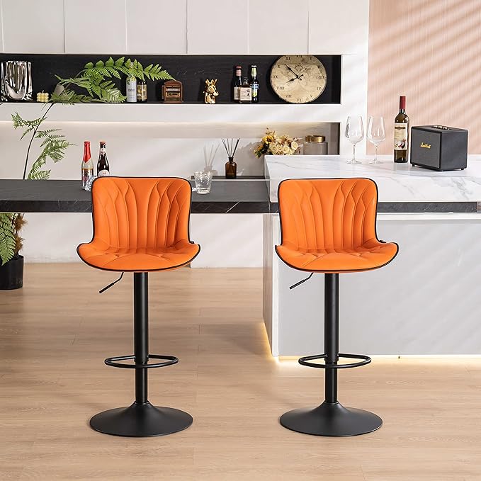 YOUNIKE Orange Bar Stools Set of 2 Faux Leather Upholstered Counter Height by YOUNIKE