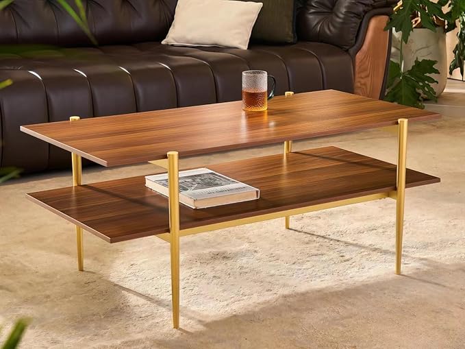 Shrine Rectangle Coffee Table, Mid-Century Modern Design, Two-Tier Walnut MDF by SHRINELIGHTING