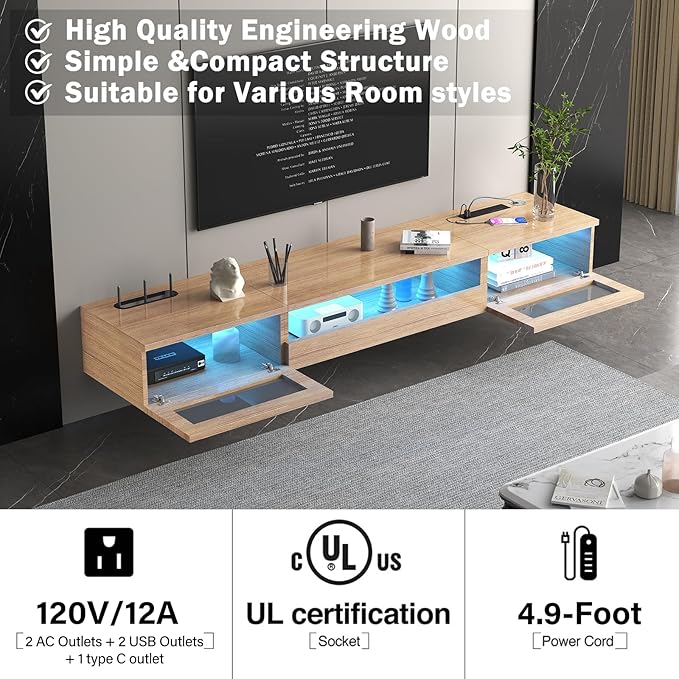 Floating TV Stand, Floating Wall Mounted TV Shelf, Modern High Gloss tv Cabinet - Image 7
