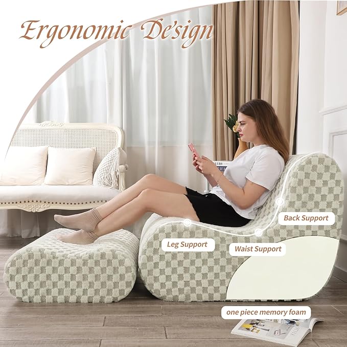 Accent Bean Bag Chair with Footstool, Modern Lazy Sofa Chair with Comfy - Image 4