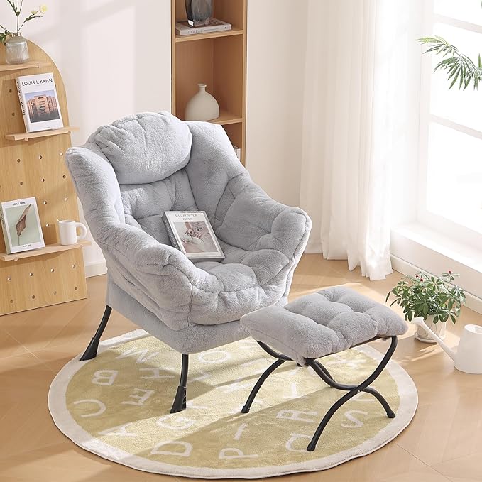 Lazy Chair with Ottoman, Modern Reading Chair with Folding Footrest, - Image 2