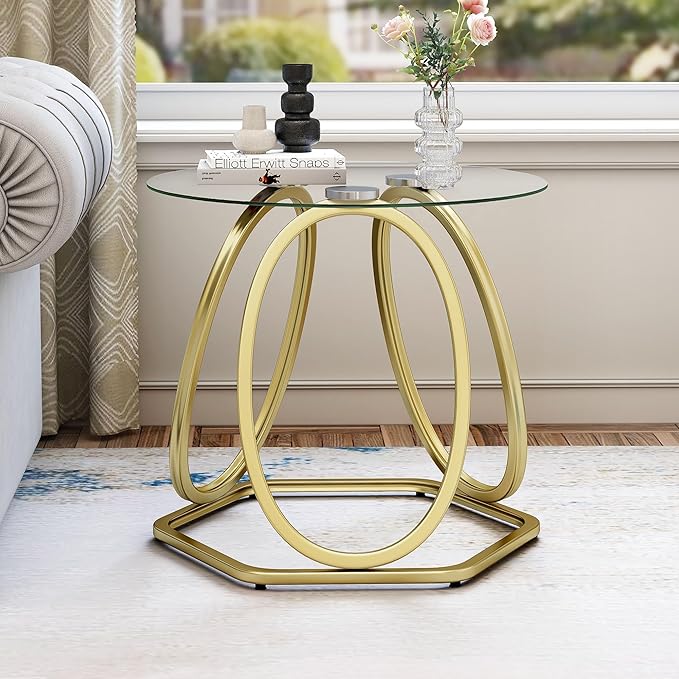 O&K FURNITURE Gold Modern Round Glass End Table - Image 4