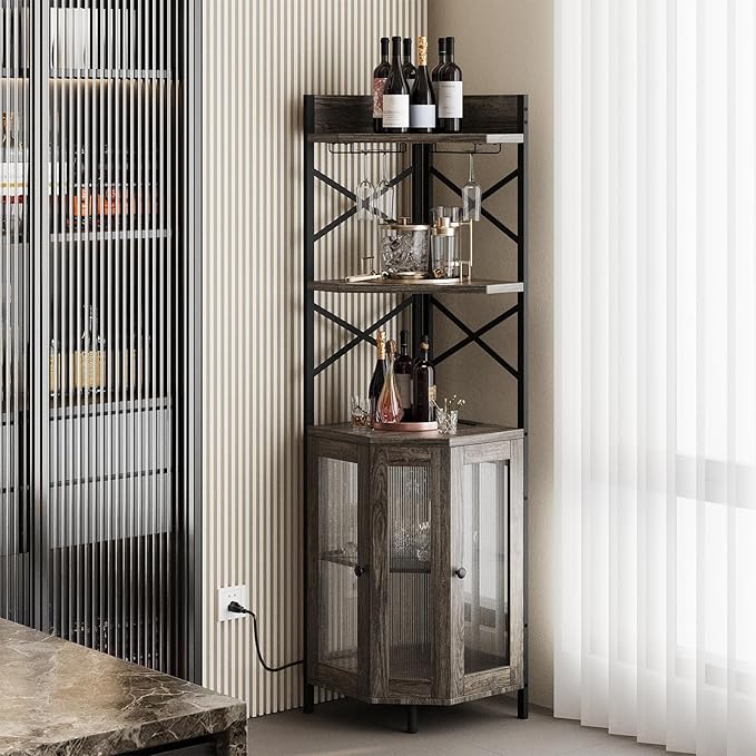 Corner Bar Cabinet with Power Outlet, 5-Tier Corner Wine Cabinet with Led Strip - Image 8