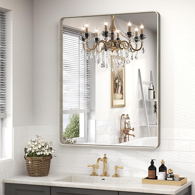 28x32 Silver Bathroom Mirror for Wall, Brushed Metal Framed Bathroom Vanity by CHARMOR