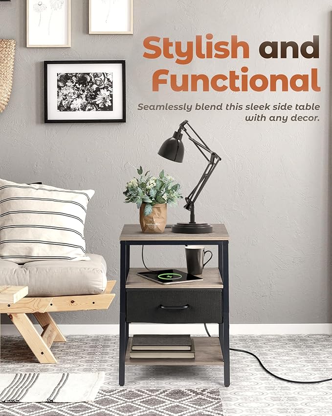 Nightstand with Charging Station, Bed Side Table with Fabric Drawer, 3-Tier - Image 9
