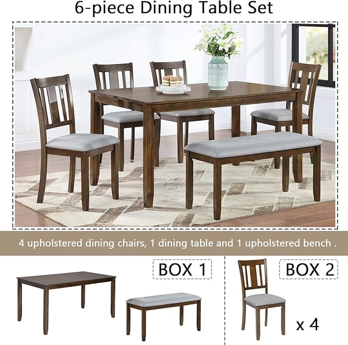 soges 6 Piece Kitchen Dining Table Set, Wooden Dining Table - Image 3