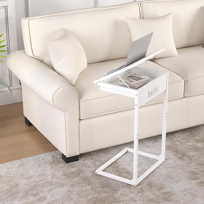 C Shaped End Table with Charging Station, 45° Tiltable Adjustable Flip Top Side - Image 2