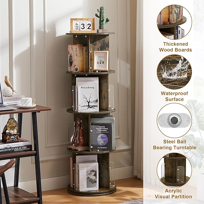 VECELO 4 Tier Revolving Bookshelf Tower, 360° Display Floor Standing Storage - Image 6