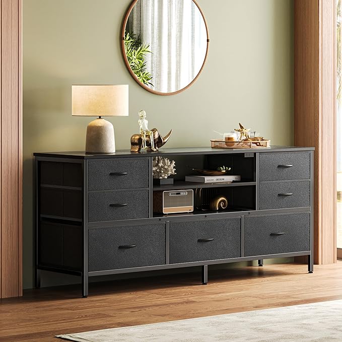 Huuger TV Stand Dresser with Power Outlets and LED Lights, 7 Drawer Console - Image 7