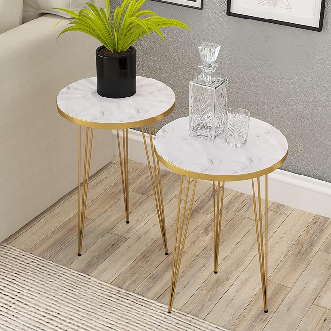 PAK HOME - Set of 2 End Table - High Gloss White Marble Look by PAKHOME