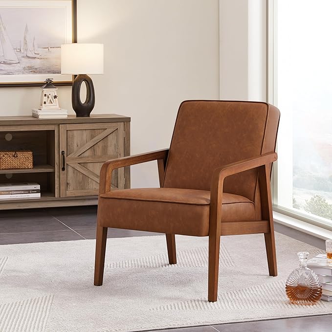 Yaheetech PU Leather Accent Chair, Mid-Century Modern Barrel Chair - Image 3