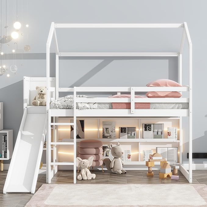 Twin Size House Loft Bed with Slide, Storage Shelves and Light, Wood Kids Bed - Image 3