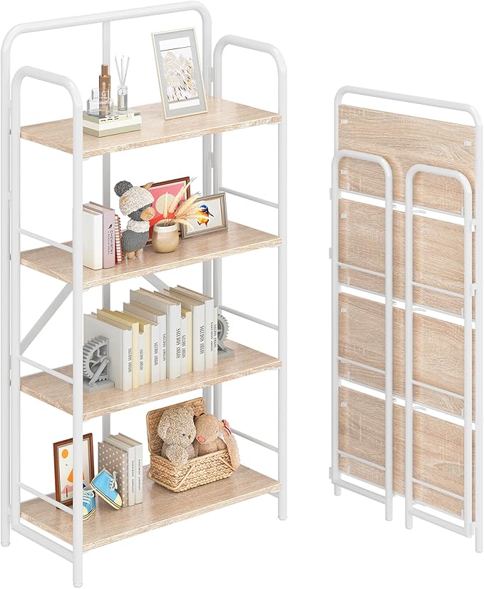 4NM No Assembly Folding Bookshelf 4 Tiers Vintage Industrial White Book Shelf by 4NM