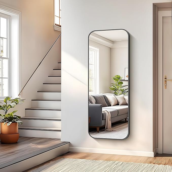 Bathroom Mirror, 60 x 24 inch Metal Framed Black Rectangle Mirror, Rounded - Image 3