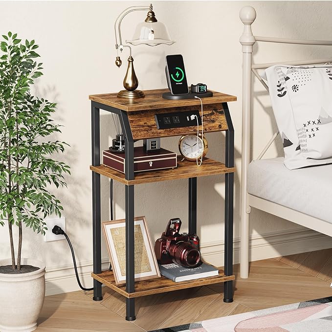 Tall Side Table with Storage, 3-Tier Small End Table with Charging Station - Image 2