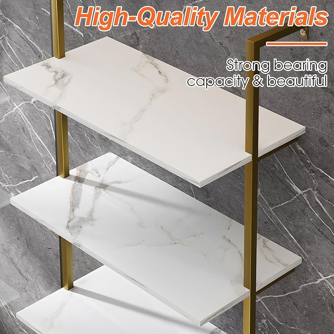 5 Tiers Ladder 2-Piece Shelf White Marble Modern Bookshelf Open Tall Wall Mount - Image 10