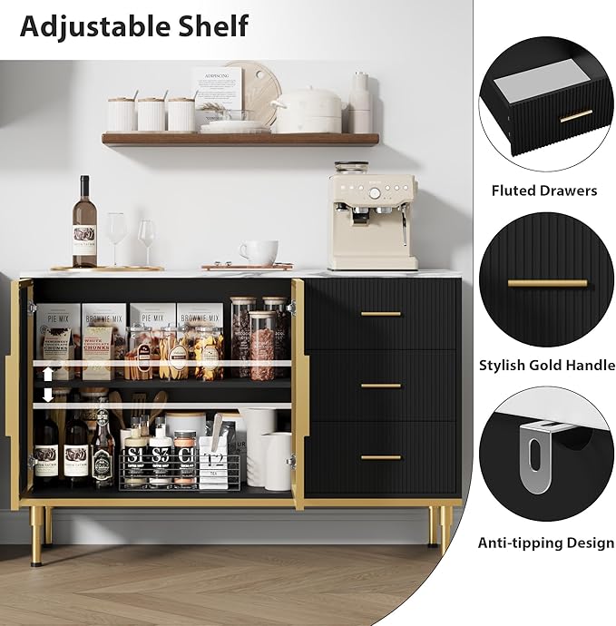Buffet Sideboard Cabinet with Storage, 46.4" Large Fluted Kitchen Sideboard - Image 6
