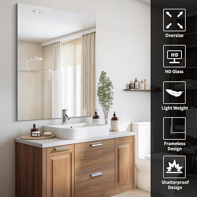 Frameless Rectangle Mirror, 36x48 Inch Large Bathroom Mirrors - Image 3