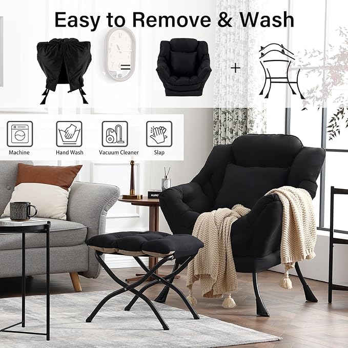 Lazy Chair with Ottoman, Modern Lounge Accent Chair with Armrests and a Throw - Image 6