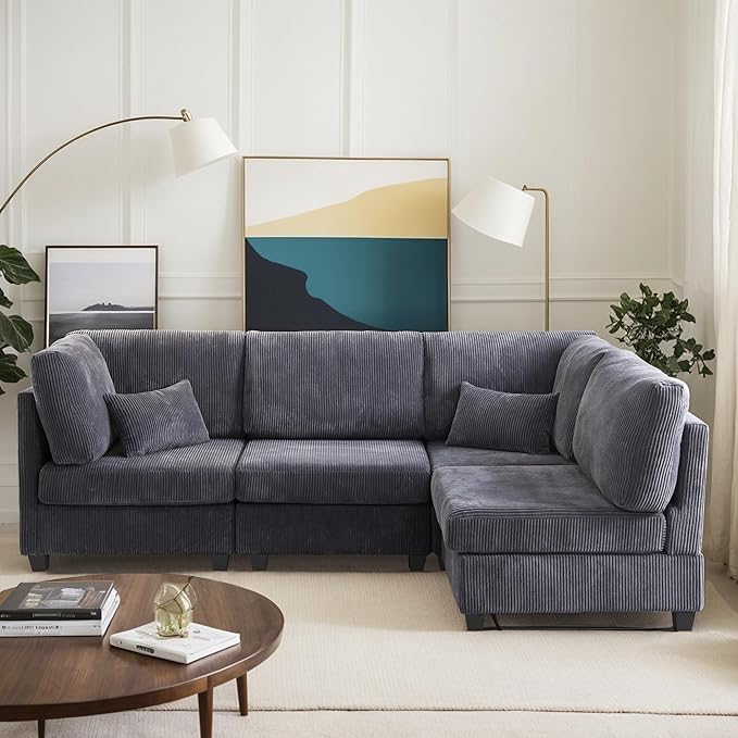 126" Convertible L-Shaped Modular Sectional Sofa, 4 Seater Corduroy Upholstered - Image 4