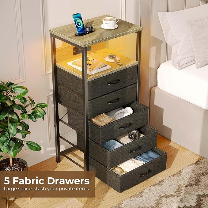 Seventable Night Stand with Charging Station, Tall Nightstand with 5 Fabric - Image 5