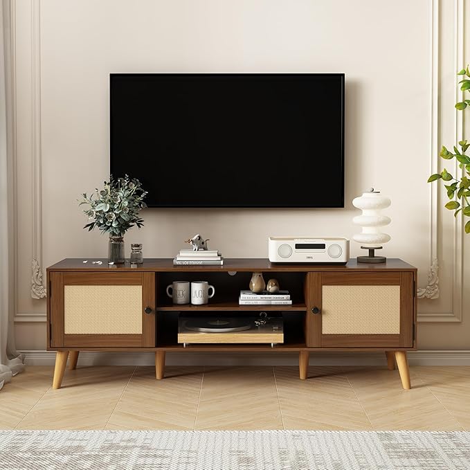 TV Stand for TVs up to 65 inches, Rattan Grain Finish Panel - Image 3