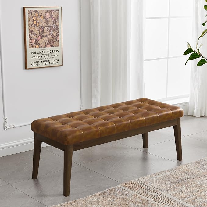 End of Bed Bedroom Bench, Faux Leather Upholstered Tufted Bench - Image 4