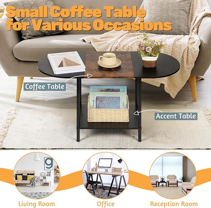 Coffee Tables for Living Room, 2-Tier Small Oval Center Table Industrial Modern - Image 7