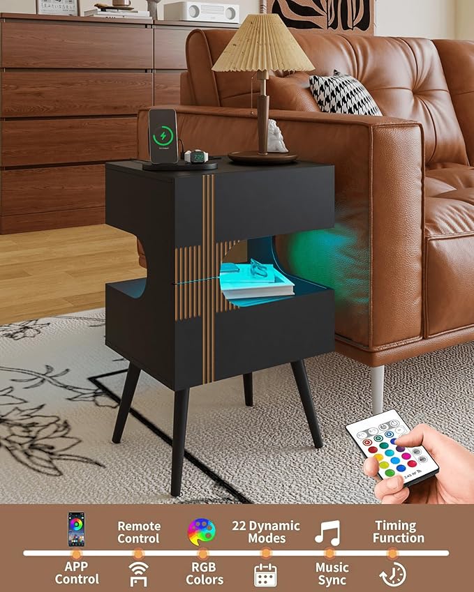 Black Nightstand with Charging Station and LED Lights, Modern Bedside Table - Image 4