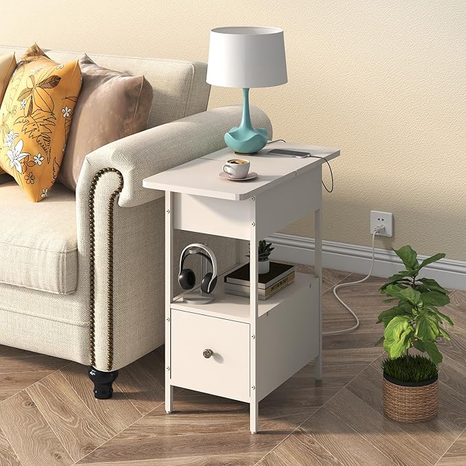 SOOWERY End Table with Charging Station, Narrow Side Table with Flip Top - Image 2