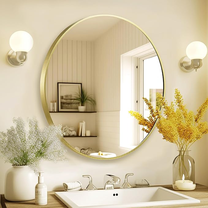 28 inch Gold Frame Mirror for Wall, Brushed Matte Gold Metal Round Mirror for - Image 2