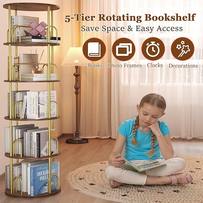 5-Tier Rotating Bookshelf, 360° Round Spinning Book Shelf Tower, Tall Skinny - Image 3