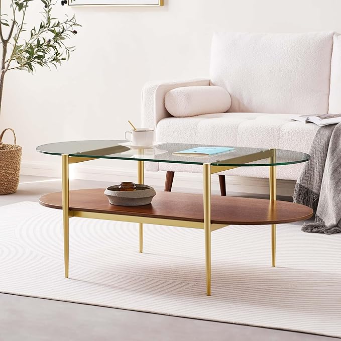 Oval Glass Coffee Table, Mid-Century Modern Design, L41 x W21 x H17 inch - Image 3