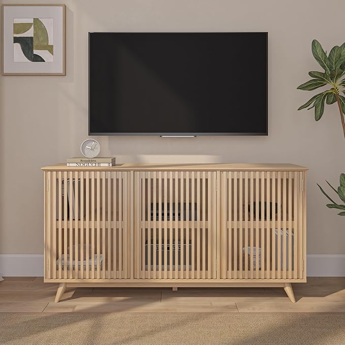 Plank+Beam Mid-Century Modern Wood TV Stand, Three Door Solid Wood - Image 3
