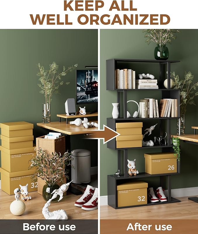 Gadroad 5-Tier Geometric Bookcase, S Shaped Bookshelf, Wood Decorative Storage - Image 7