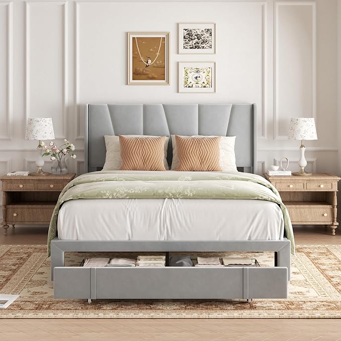 Full Bed Frame with Storage Drawers, Upholstered Platform Bed with Headboard - Image 3