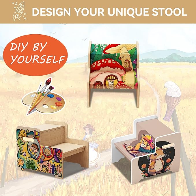 Wood Step Stools for Kids, Child Two Step Stool of DIY Shape, Toddler Step - Image 3