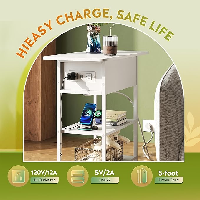 WLIVE End Table with Charging Station, Flip Top Side Table with Storage Shelf - Image 5