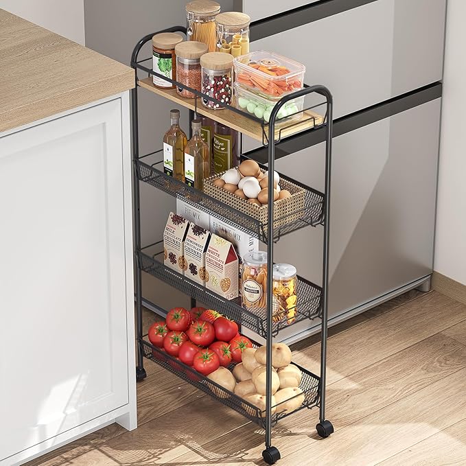 KINGRACK Metal Slim Rolling Cart, 4-Tier Metal Utility Cart, Storage Cart - Image 4