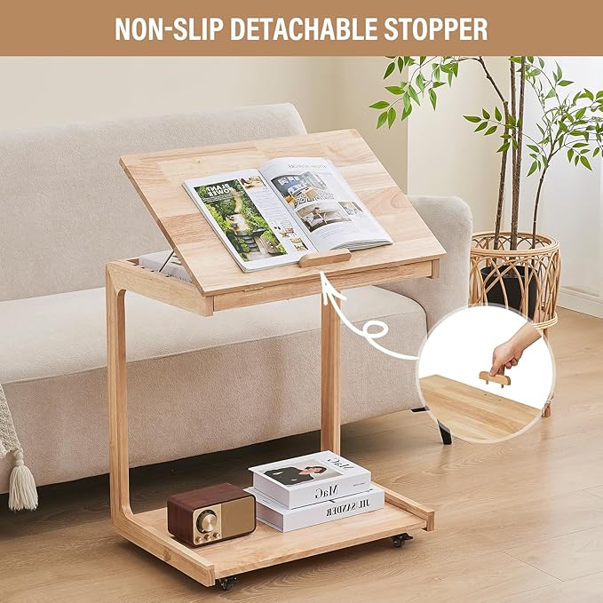 CozyDH Adjustable C Shaped End Table, Solid Wood Rolling Side Table, TV Sofa - Image 6