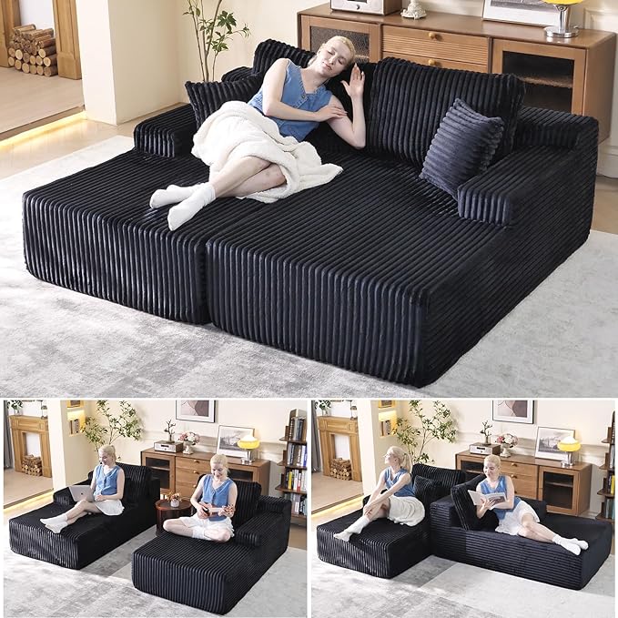 Oversized 79” Double Chaise Lounge Sofa Bed, Deep Seat Corduroy Cloud Loveseat by WHGBJA